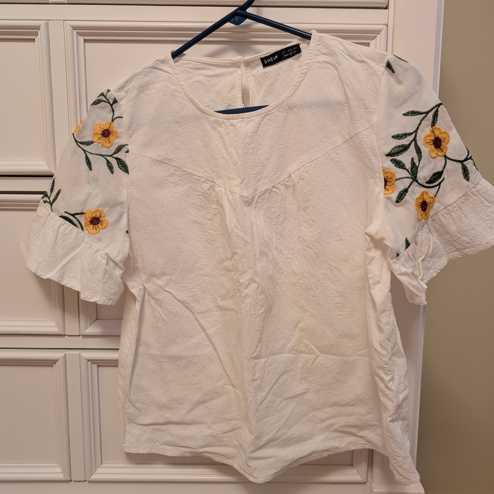 SHEIN White Blouse with Yellow Floral Embroidery